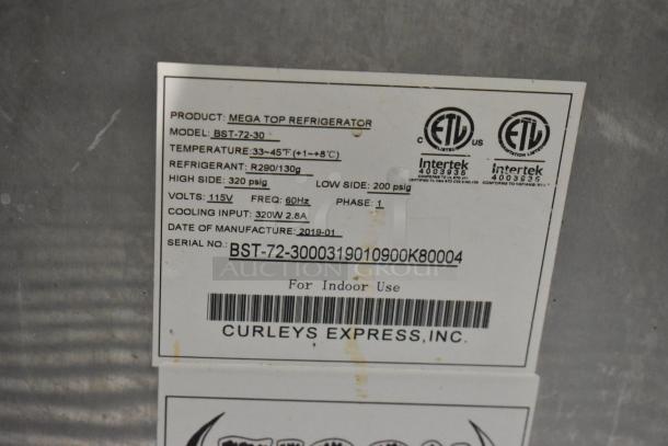 Label on 2019 Bison BST-72-30 stainless steel prep table, showing model, temperature range, refrigerant, and voltage info.