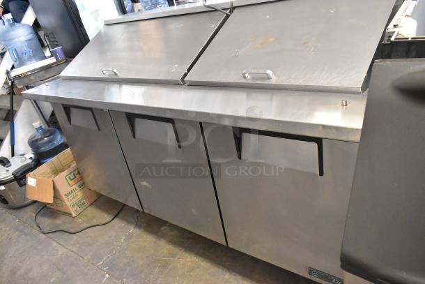 2018 True TSSU-72-30MB-ST-HC stainless steel sandwich prep table with mega top, on casters. 115V, 1 phase.