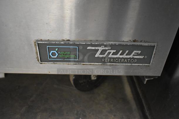 2018 True TSSU-72-30MB-ST-HC stainless steel prep table, natural refrigerant label, on commercial casters.