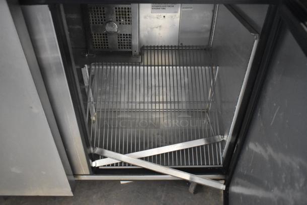 2018 True TSSU-72-30MB-ST-HC commercial prep table, stainless steel interior, commercial casters, 115V, interior view.