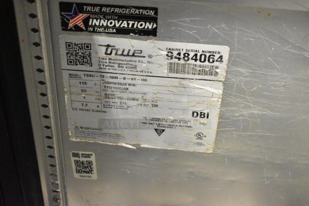 2018 True TSSU-72-30MB-ST-HC Sandwich Salad Prep Table label, showing model and serial number, 115V, 1 phase.