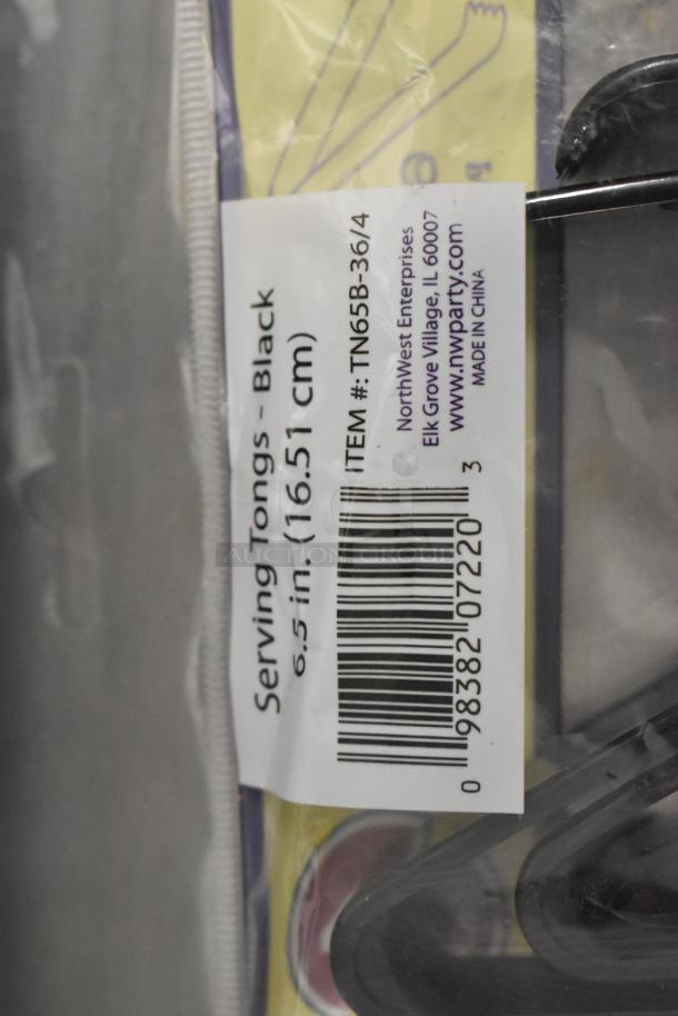 Alt text: Brand new black serving tongs, 6.5 inches, labeled by NorthWest Enterprises, item #TN65B-36/4, packaged.