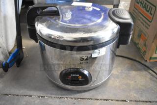 Amko AK-50RC stainless steel countertop rice cooker, 120V, used condition, visible labels, capacity marked as 52 bowls.
