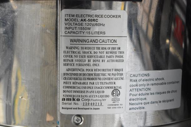 Amko AK-50RC stainless steel rice cooker, 15L capacity, 120V, in good condition. Label shows serial #: 23040213.
