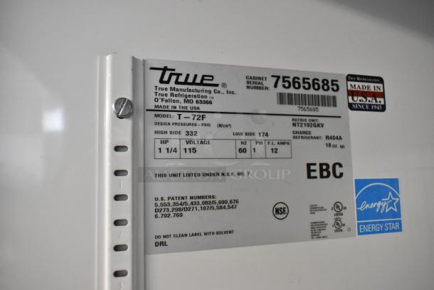 True T-72F commercial freezer label with model, voltage, and refrigerant details, showcasing Energy Star certification.