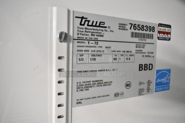 True T-72 commercial cooler label showing model, voltage, and energy specifications. Made in USA, Energy Star certified.