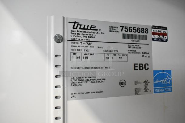 True T-72F commercial freezer label, featuring serial number, voltage 115, phase 1, and refrigerant type R404A. Energy Star rated.