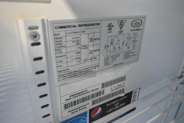 IDW G-12-F334B-HC cooler label, showing specifications: 115V, 1 Phase, refrigerant R290, diagram, and serial numbers.