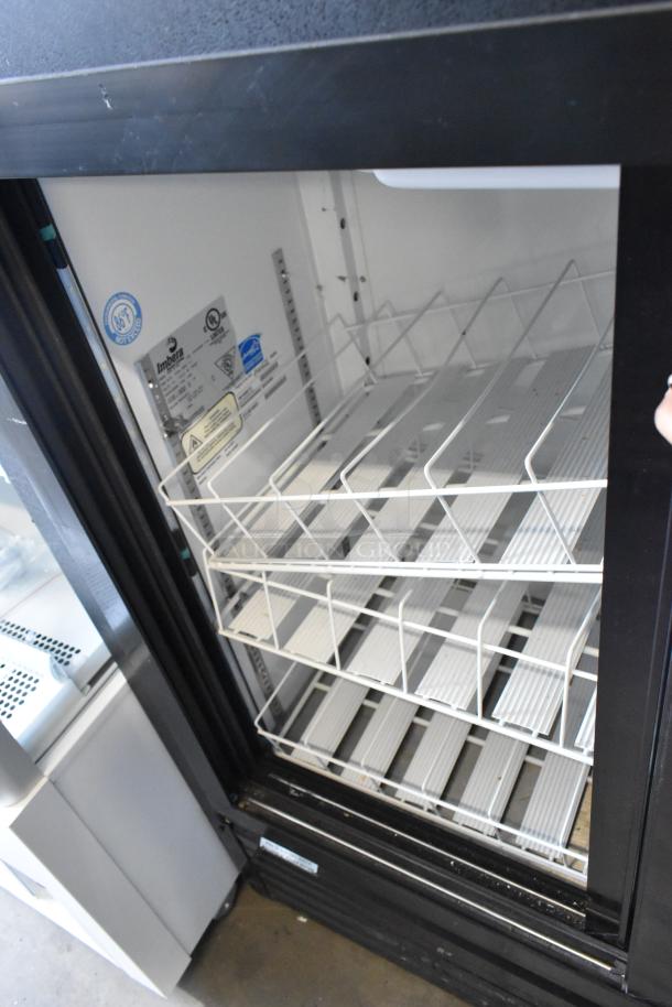 Imbera VRD41 2 Door Cooler Merchandiser, metal, poly-coated racks, 115V, labels visible, pre-owned condition.