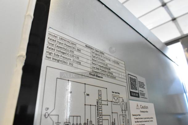 Avantco 189WVAC28HC metal refrigerated merchandiser with air curtain, scratch and dent, model label and circuit diagram shown.