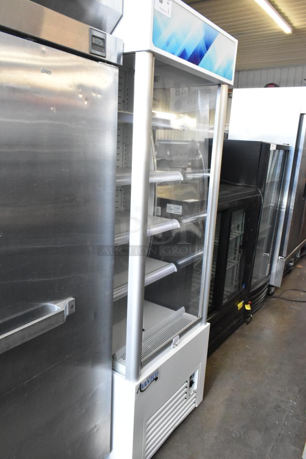 Brand new Avantco 189WVAC28HC metal refrigerated air curtain merchandiser, white, 110-120V, 1 Phase, with slight dents.