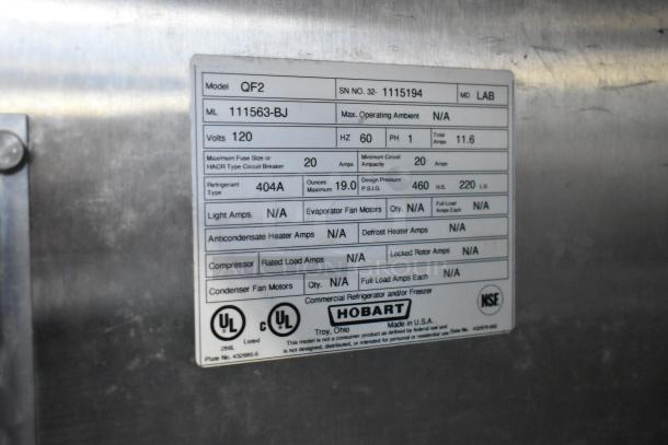 Hobart QF2 stainless steel commercial 2-door reach-in freezer label, 120 volts, 1 phase, refrigerant type 404A.