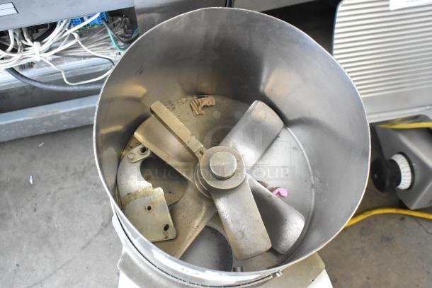 BMC Metal Commercial Countertop Hamburger Forming Machine, 115V, 1 Phase, showing metal interior with blade and electrical wiring visible.