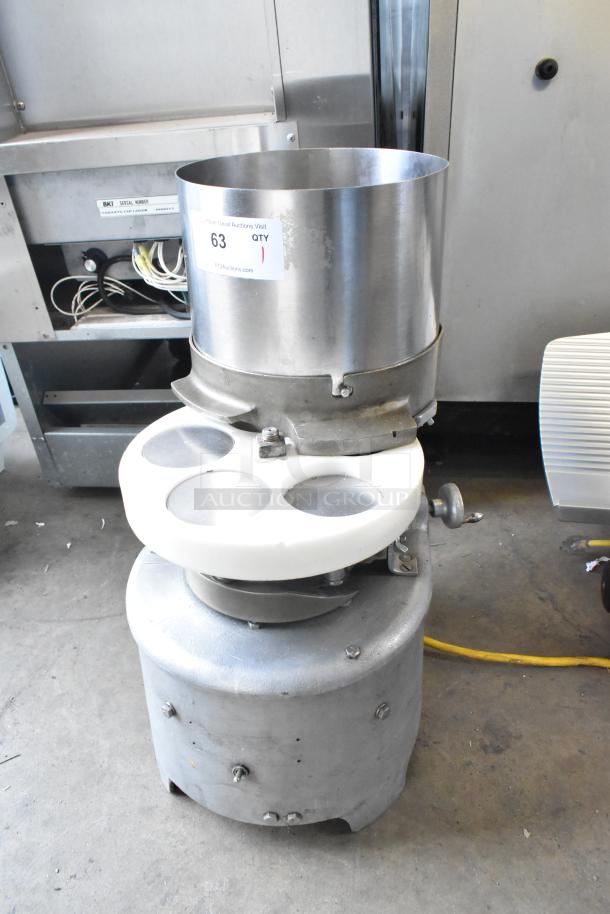 BMC Metal Commercial Countertop Hamburger Forming Machine, 115V, 1 Phase. Silver metal body with white plastic components.