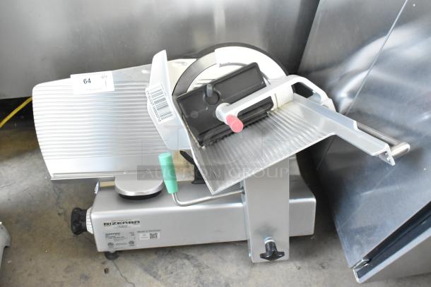 2022 Bizerba GSP H metal commercial meat slicer, 120V, 1 phase, excellent condition, with visible control knobs and product tray.