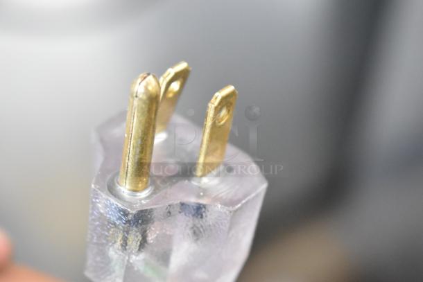 3-prong power plug for 2022 Bizerba GSP H meat slicer, 120 volts, 1 phase, close-up view.