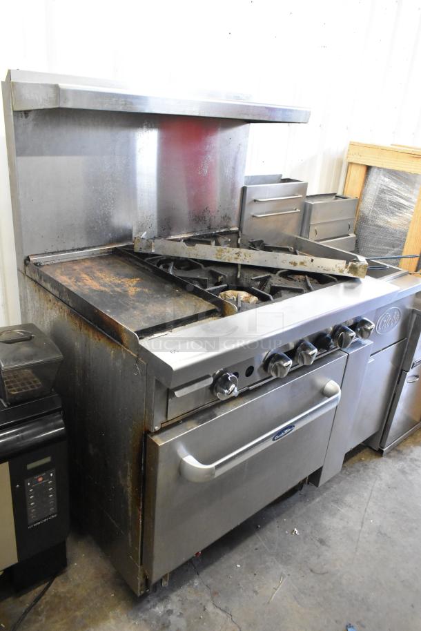 Cookrite stainless steel commercial gas range with 4 burners, flat top griddle, oven, over shelf, back splash, on casters.