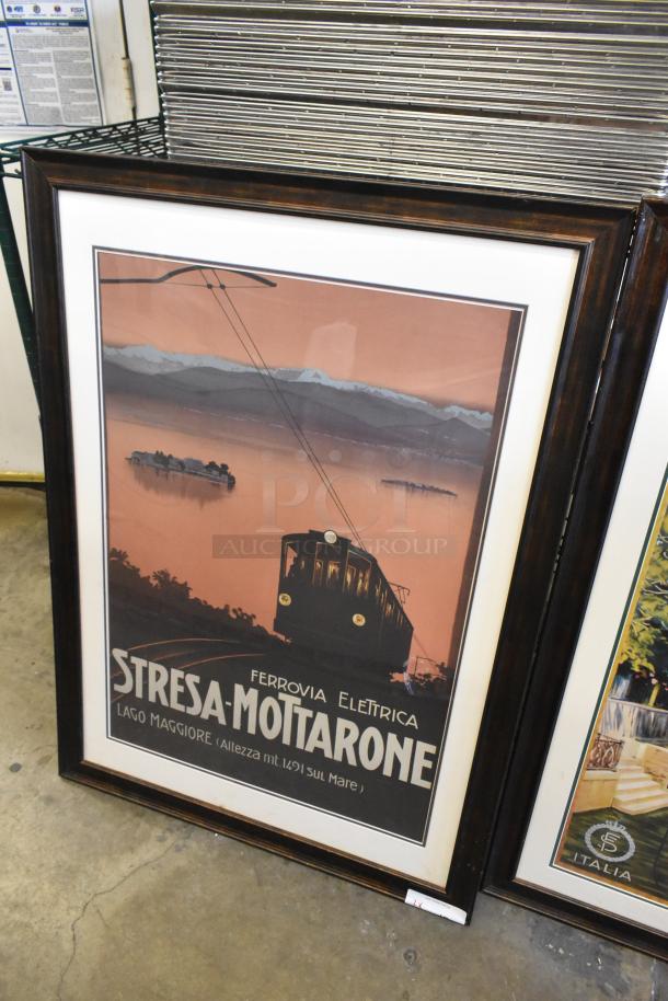 Framed vintage poster of "Stresa-Mottarone," featuring a historic electric railway scene. Brown wooden frame, excellent condition.