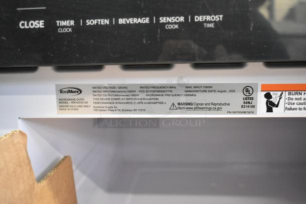 2025 KoolMore KM-MD30-SS Stainless Steel Microwave Drawer, 1.2 cu. ft., 120V, visible specifications tag, brand new.
