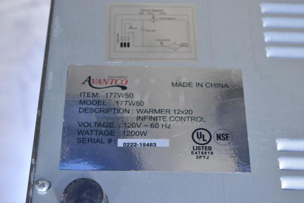 Avantco 177W50 stainless steel countertop food warmer label, model 177W50, 120V, 1200W, UL and NSF listed, Made in China.