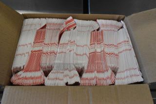 Box of Carnival King 3.5" x 2.25" x 8.25" 1 oz. popcorn bags, red and white, 1,000/case, new condition.