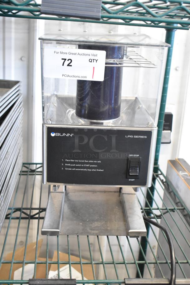 2024 Bunn LPG stainless steel coffee bean grinder, commercial countertop model, 120 volts, single phase. Excellent condition.