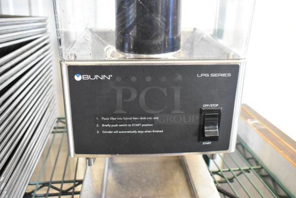 2024 Bunn LPG Stainless Steel Coffee Bean Grinder, 120 Volts, 1 Phase. Features start/stop switch and usage instructions.