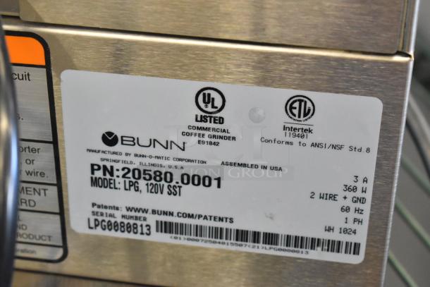 2024 Bunn LPG Stainless Steel Coffee Bean Grinder, 120V, 1 Phase; UL and Intertek certified label visible.