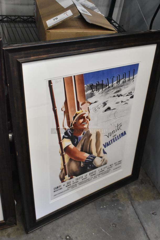 Framed vintage ski poster, "Sciatori! Venite in Valtellina," in good condition. Dark wood frame, 7 items total in lot.