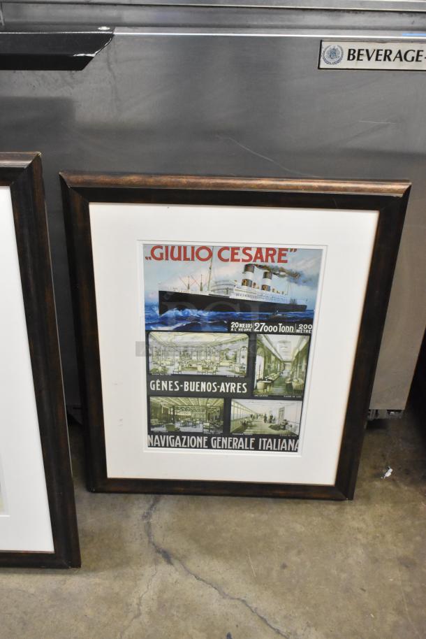 Framed vintage "Giulio Cesare" ship poster, wooden frame, depicting interior and exterior ship views. Good condition.