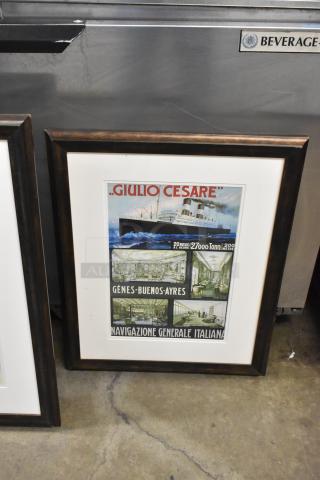 Framed vintage "Giulio Cesare" ship poster, wooden frame, depicting interior and exterior ship views. Good condition.
