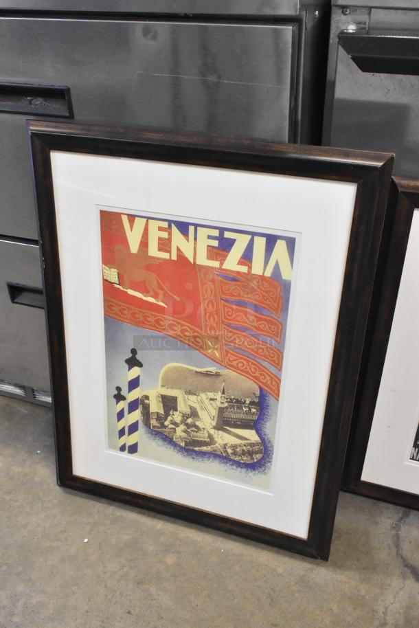 Framed "Venezia" poster with vintage design, vibrant colors, and dark wood frame. Excellent condition.