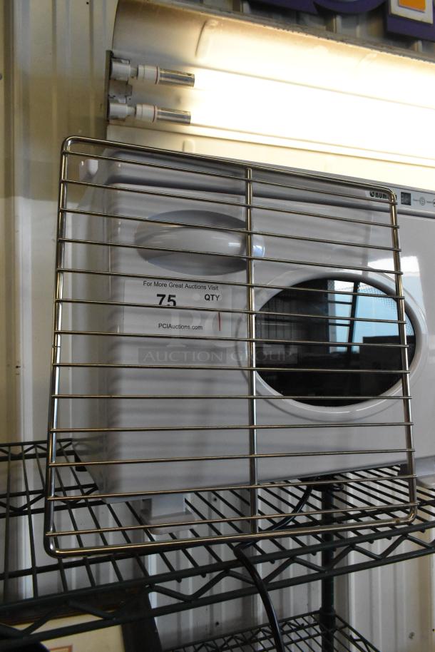 RoMech Countertop Towel Warmer, 110V, 1 phase, white finish, front view in metal rack, visible brand logo.
