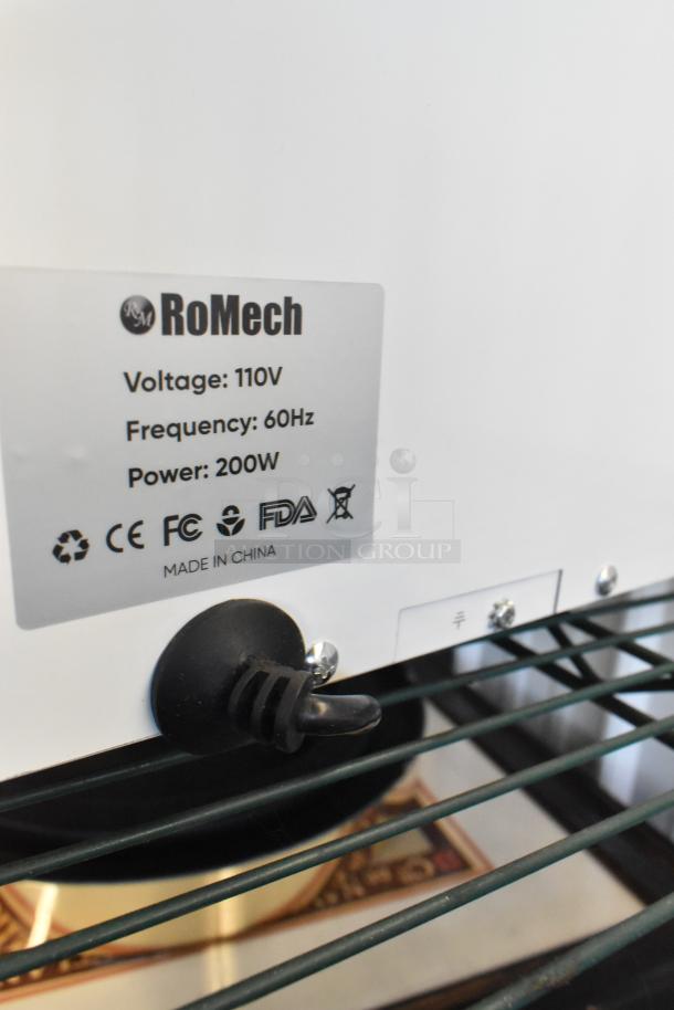 RoMech Countertop Towel Warmer, 110V, 200W. Displaying label with voltage, frequency, power specifications.