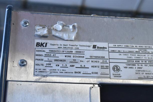 BKI HSS2-4T metal commercial reach-in hot multi-shelf merchandiser, 208V, 1 phase, on casters. Label details voltage and wire diagram.