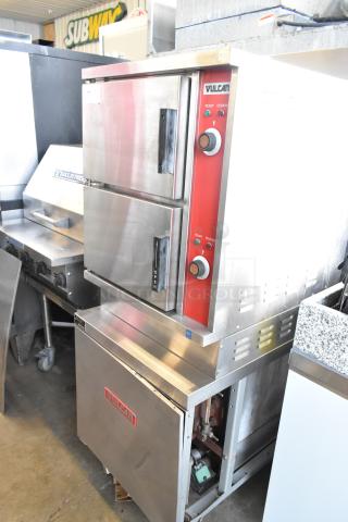 Vulcan VSX24G stainless steel commercial steam cabinet, natural gas, 2-deck, 200,000 BTU, with control panel visible.