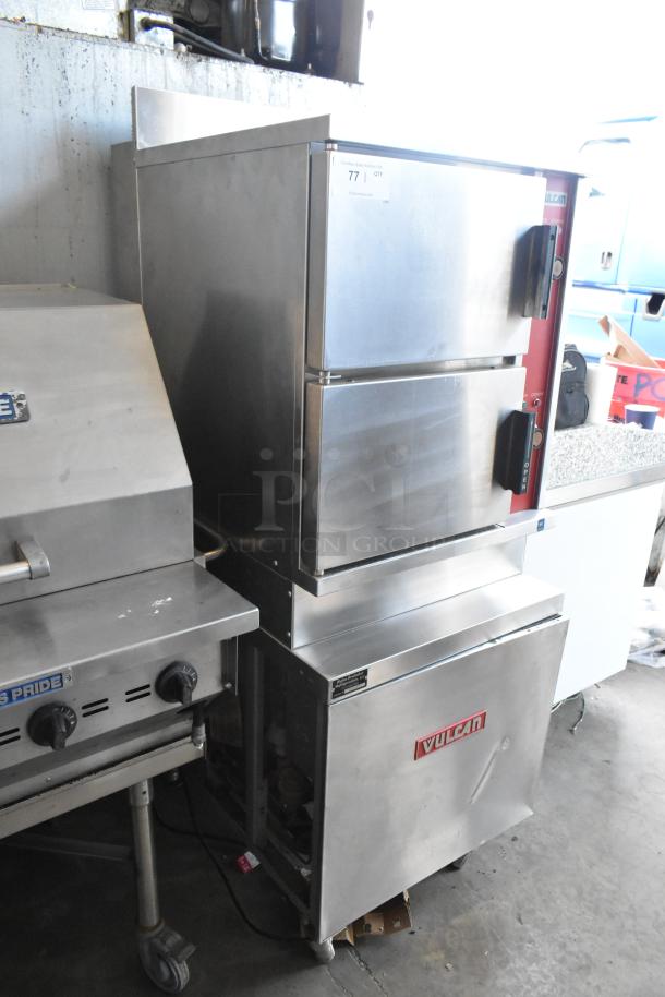 Vulcan VSX24G stainless steel commercial 2-deck steam cabinet. Natural gas powered, 200,000 BTU. Auction label on door.