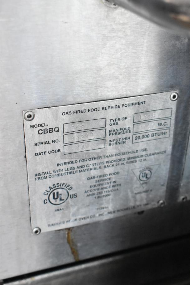 Bakers Pride CBBQ30S stainless steel propane gas charbroiler grill, 20,000 BTU/hour, serial 43249, UL certified label.