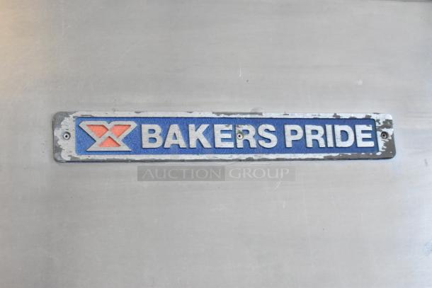 Bakers Pride CBBQ30S charbroiler grill nameplate on stainless steel. Features logo and "BAKERS PRIDE" text.