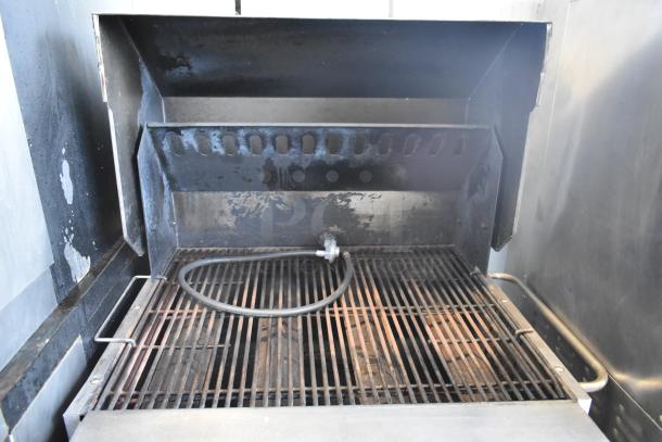 Bakers Pride CBBQ30S stainless steel commercial propane charbroiler grill, well-used condition, with hose and burner cover.
