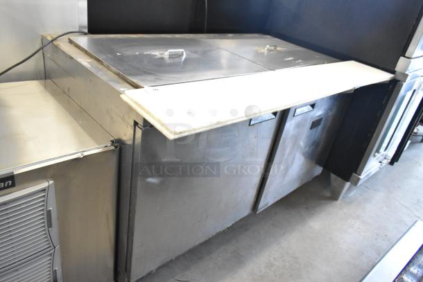 Delfield 4460N-24M stainless steel prep table, dual compartment, commercial use, 115 volts, 1 phase, visible wear.