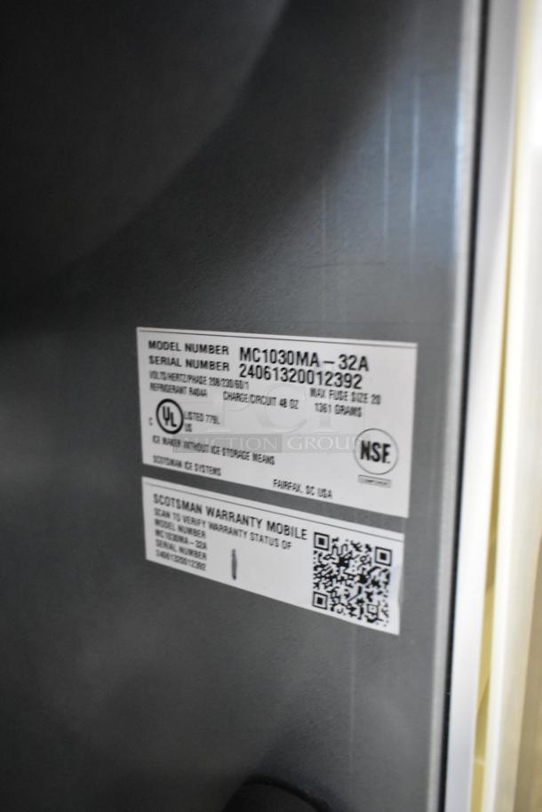 2024 Scotsman MC1030MA-32A stainless steel ice head. Model, serial number, and certifications visible on label.