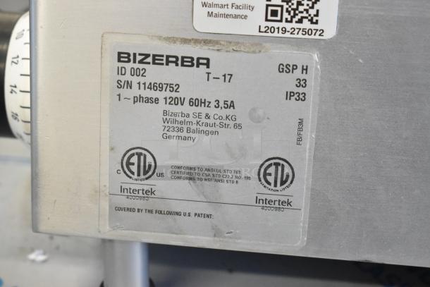 2017 Bizerba GSP H Metal Commercial Meat Slicer label, showing model, 120V, 1 phase, ETL certification, and manufacturer details.