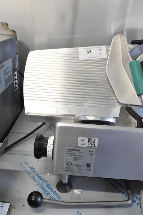 2017 Bizerba GSP H Metal Commercial Countertop Meat Slicer, 120 Volts, 1 Phase. Features label with specs.