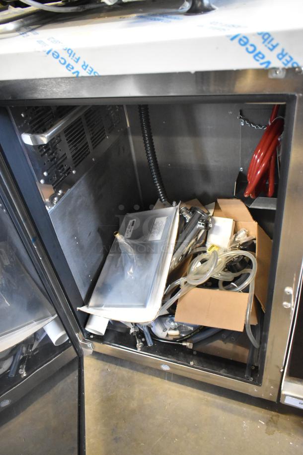 Stainless steel Perlick DDS36 beer dispenser, 36", new scratch and dent condition, visible hoses and parts inside, 115V, 1 phase.