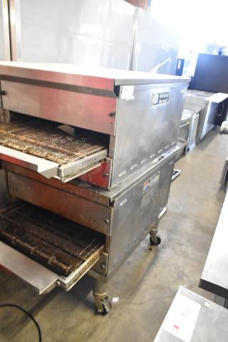 Middleby Marshall PS638G stainless steel conveyor pizza ovens, natural gas, 89,000 BTU, on commercial casters, 2021 model.