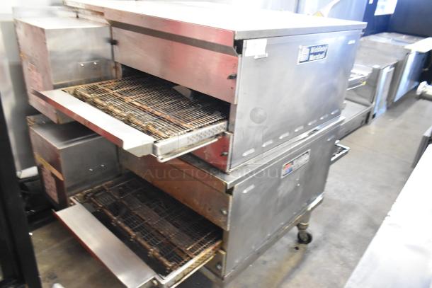 Two 2021 Middleby Marshall PS638G stainless steel conveyor pizza ovens, natural gas, 89,000 BTU, on casters.