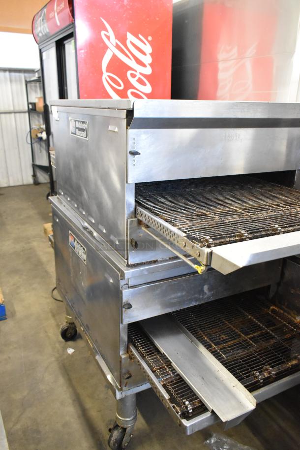 Two 2021 Middleby Marshall PS638G stainless steel conveyor pizza ovens, natural gas, on casters, 89,000 BTU, commercial use.