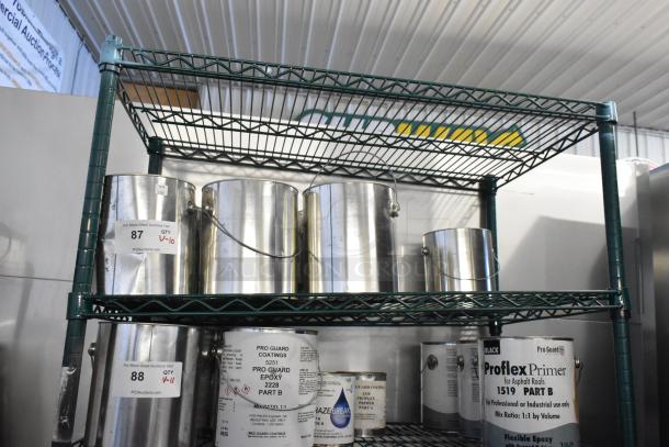 10 Pro Guard chemical cans on a shelf, including Proflex Base Coat Blue Part B, labeled for auction with tags.