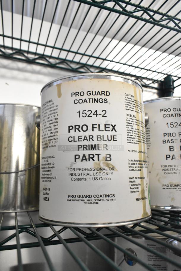 10 Pro Guard Chemicals, including 1524-2 Pro Flex Base Coat, Blue Part B. 1-gallon cans, for industrial use.